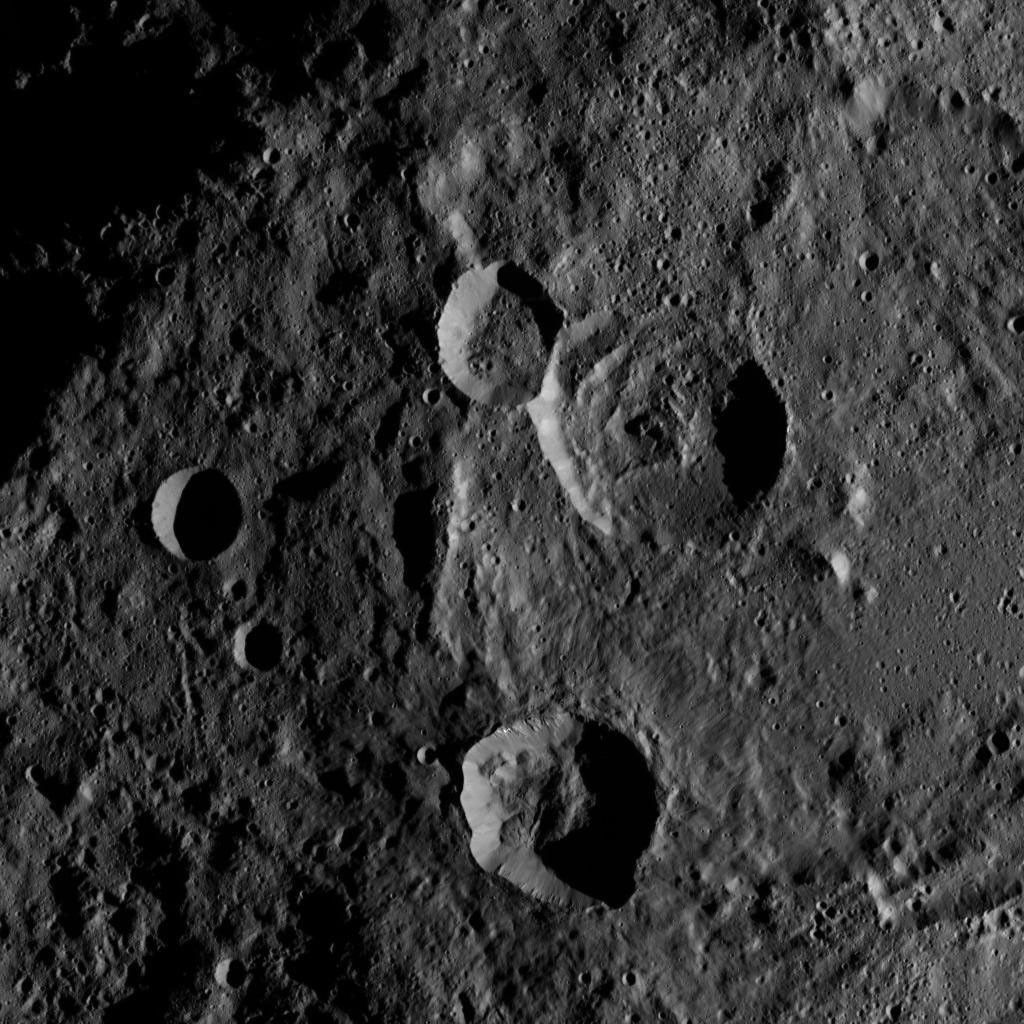 This image, taken by NASA's Dawn spacecraft, shows the surface of dwarf planet Ceres from an altitude of 915 miles (1,470 kilometers). The image, with a resolution of 450 feet (140 meters) per pixel, was taken on August 24, 2015.