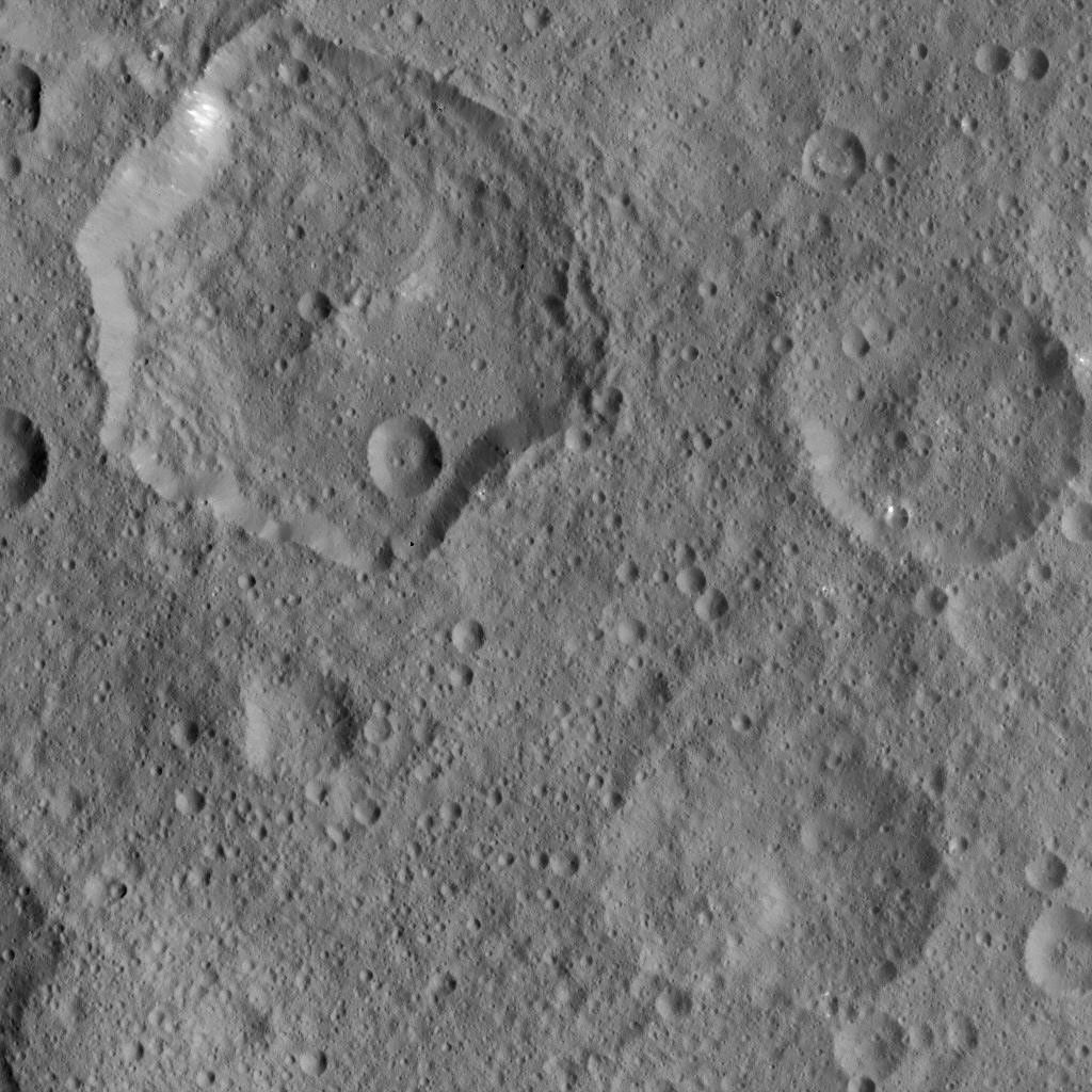 This image, taken by NASA's Dawn spacecraft, shows the surface of dwarf planet Ceres from an altitude of 915 miles (1,470 kilometers). The image was taken on August 21, 2015, and has a resolution of 450 feet (140 meters) per pixel.
