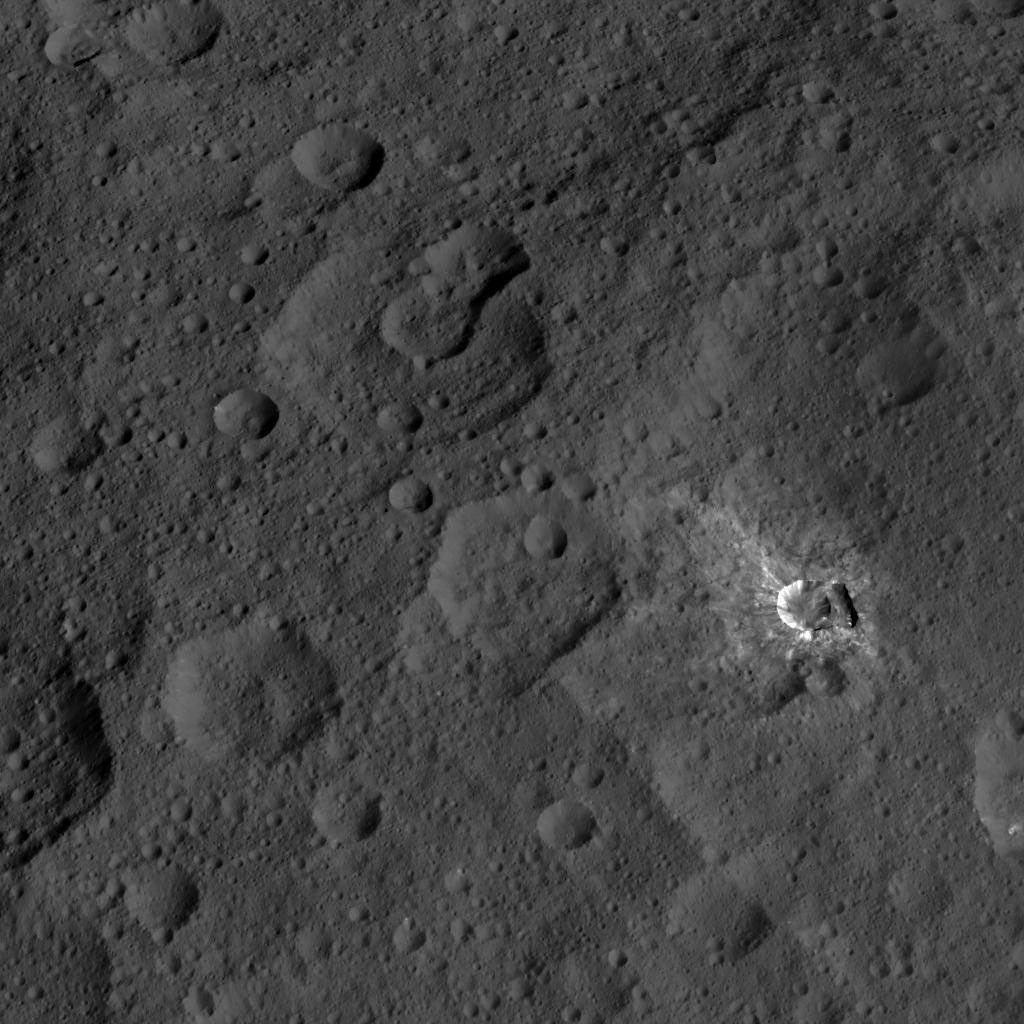 This image, taken by NASA's Dawn spacecraft, shows the surface of dwarf planet Ceres from an altitude of 915 miles (1,470 kilometers). The image was taken on September 9, 2015, and has a resolution of 450 feet (140 meters) per pixel.