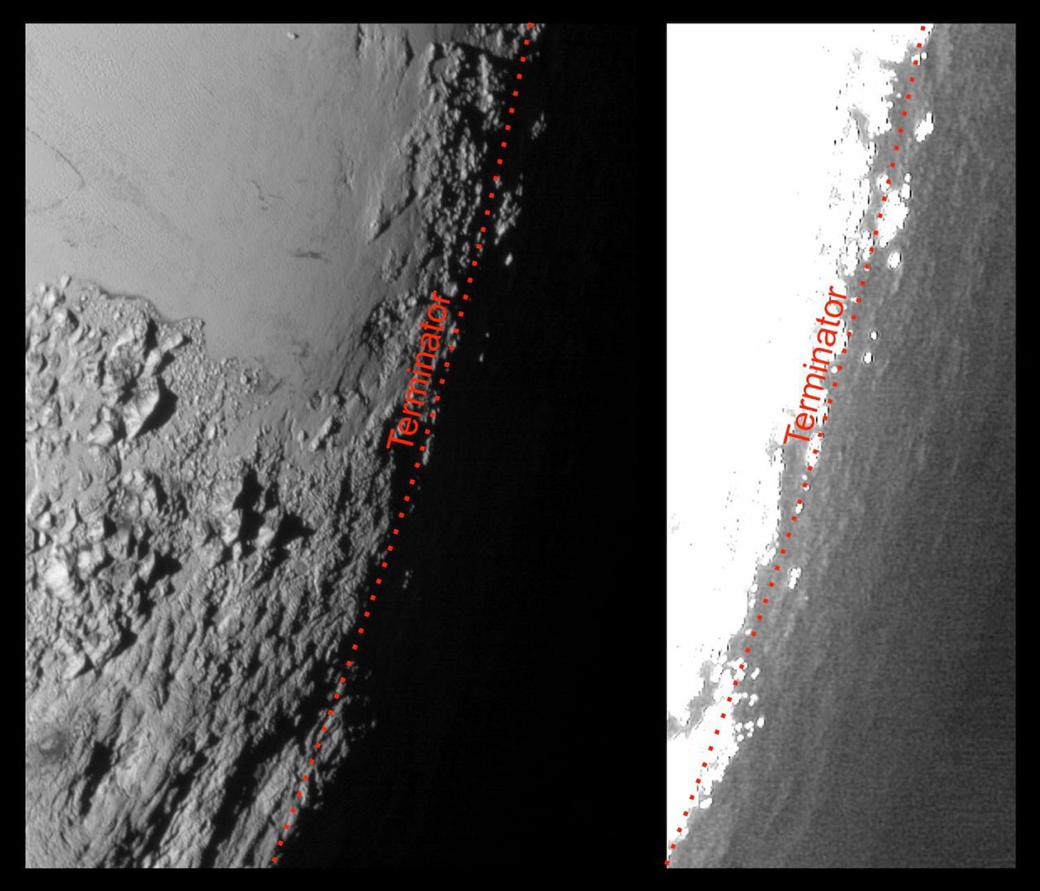 This image of Pluto from NASA's New Horizons spacecraft, processed in two different ways, shows how Pluto's bright, high-altitude atmospheric haze produces a twilight that softly illuminates the surface before sunrise and after sunset.