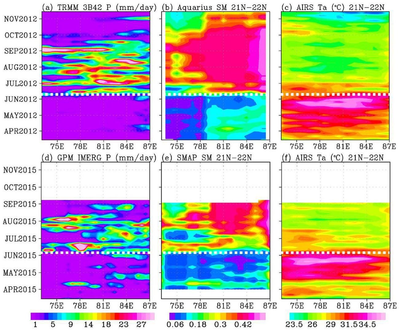 This figure shows the longitude-time variations, averaged between 21 and 22 degrees North, across the middle of the India subcontinent from mid-April to mid-June in a deadly heat wave in India that killed more than 2,300 people.
