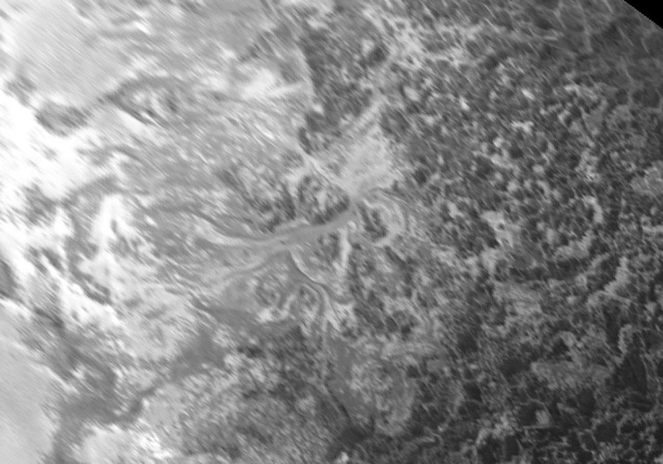 This image from NASA's New Horizons is re-projected from the oblique, backlit view shown in the new crescent image of Pluto.