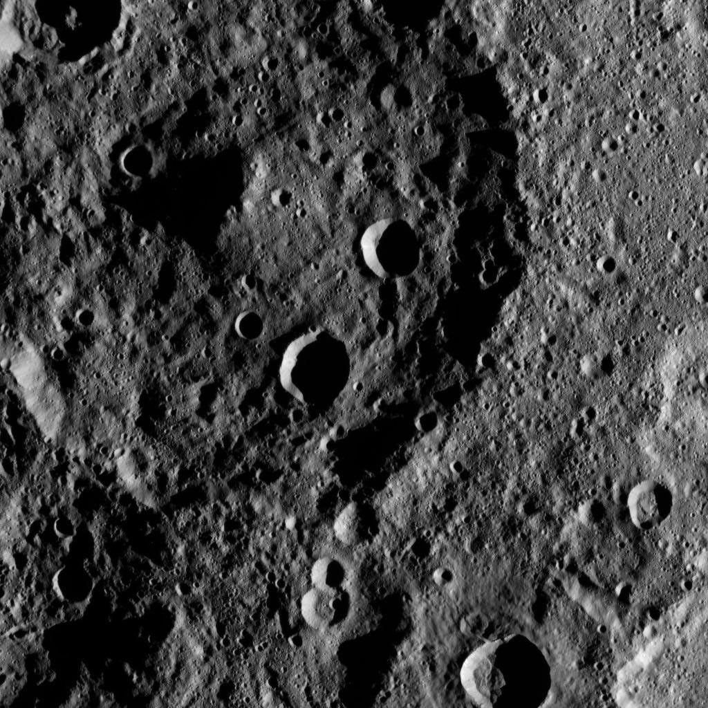 This image, taken by NASA's Dawn spacecraft, shows the surface of dwarf planet Ceres from an altitude of 915 miles (1,470 kilometers). The image was taken on August 23, 2015, and has a resolution of 450 feet (140 meters) per pixel.