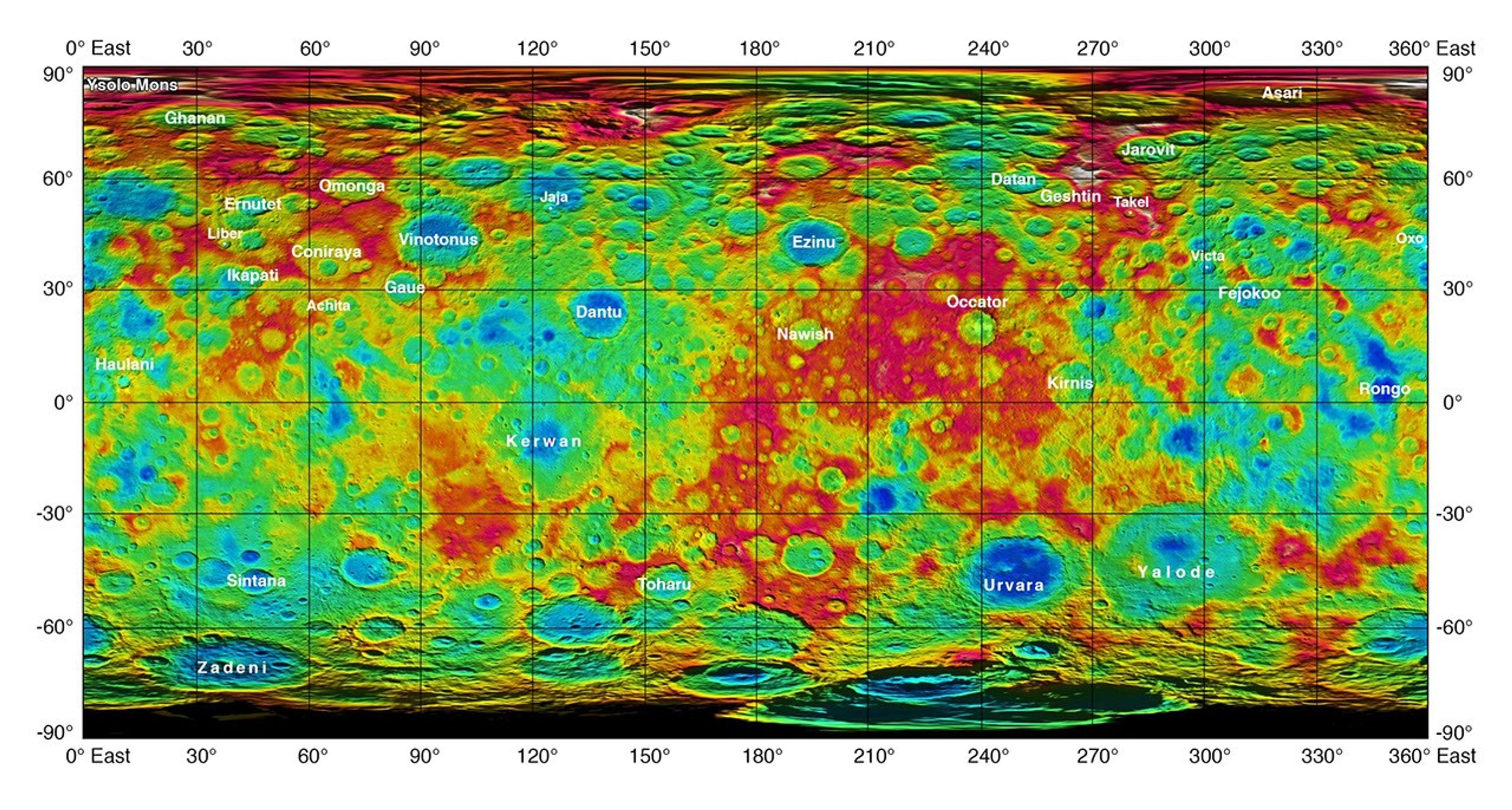 This color-coded map from NASA's Dawn mission shows the highs and lows of topography on the surface of dwarf planet Ceres. It is labeled with names of features approved by the International Astronomical Union.