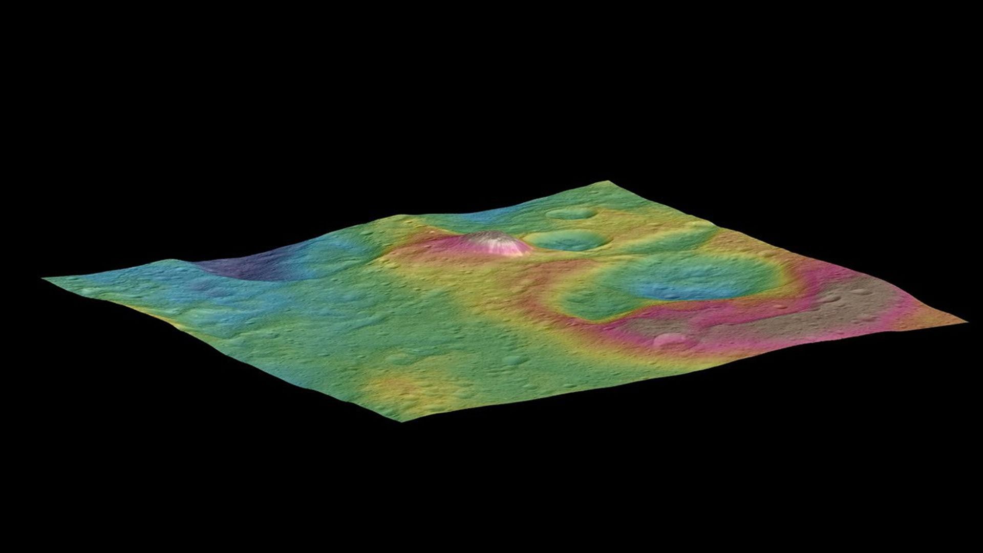 This view, made using images taken by NASA's Dawn spacecraft, features a tall conical mountain on Ceres. Elevations span a range of about 5 miles (8 kilometers) from the lowest places in this region to the highest terrains.