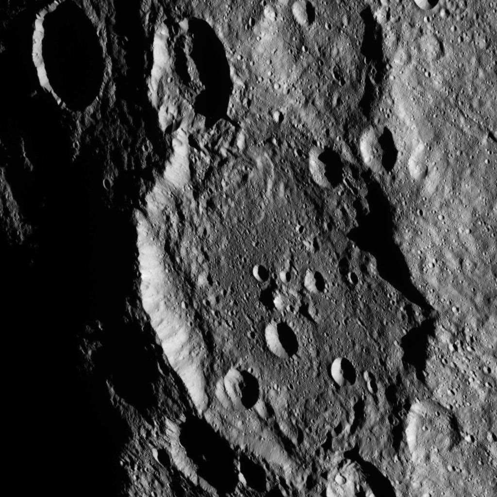 This image, taken by NASA's Dawn spacecraft, shows a portion of the southern hemisphere of dwarf planet Ceres from an altitude of 915 miles (1,470 kilometers). The image was taken on Sept. 20, 2015, and has a resolution of 450 feet (140 meters) per pixel.