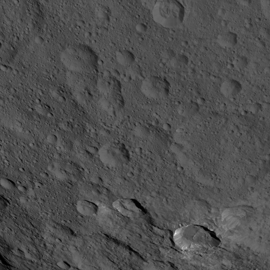 This image, taken by NASA's Dawn spacecraft, shows a portion of the southern hemisphere of dwarf planet Ceres from an altitude of 915 miles (1,470 kilometers). The image was taken on Sept. 21, 2015, and has a resolution of 450 feet (140 meters) per pixel.