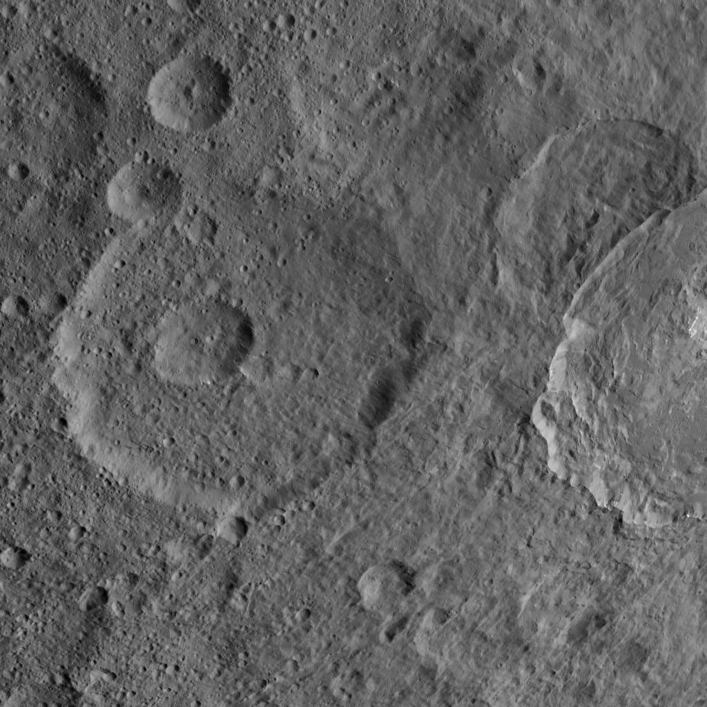 This image, taken by NASA's Dawn spacecraft, shows a portion of the northern hemisphere of dwarf planet Ceres from an altitude of 915 miles (1,470 kilometers). The image was taken on Sept. 22, 2015, and has a resolution of 450 feet (140 meters) per pixel.