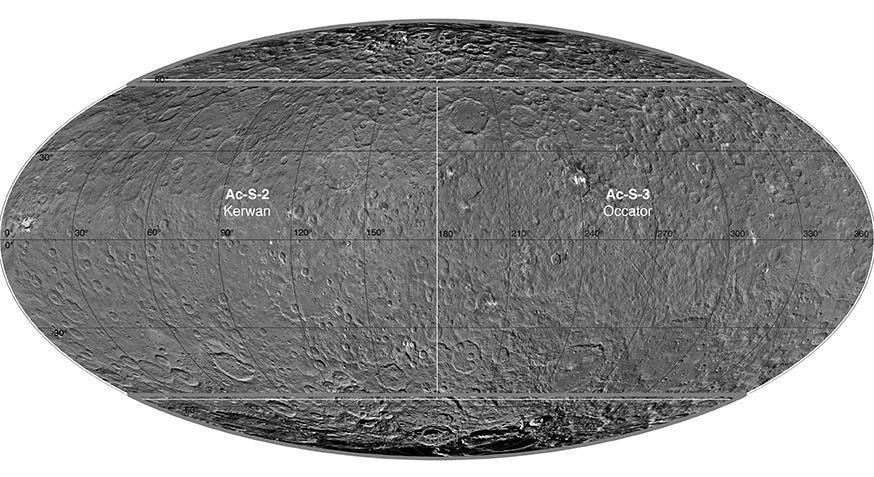 This atlas of Ceres was created using images taken by NASA's Dawn spacecraft in June 2015. Researchers used 12,000 points on Ceres to construct a terrain model, which served as the basis for other maps.