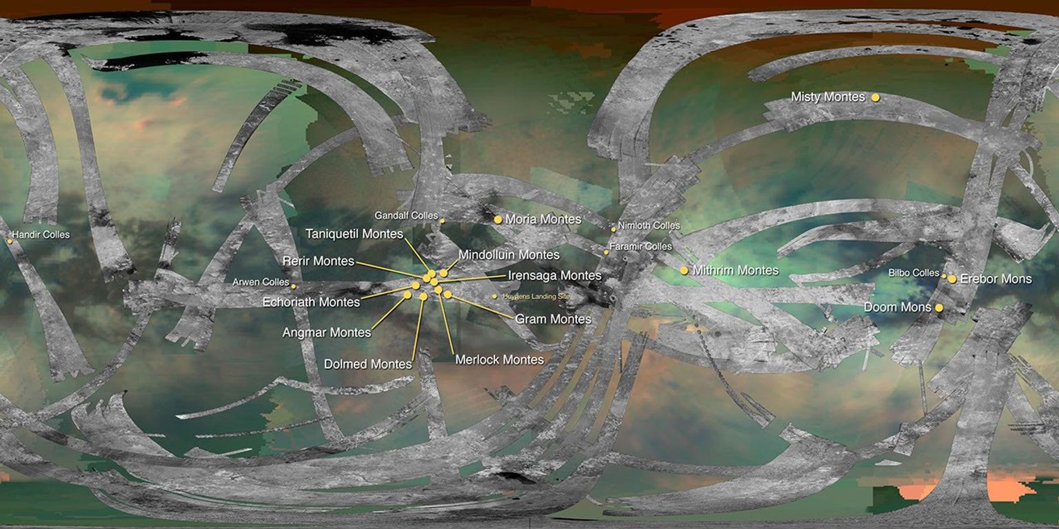 This map of Saturn's moon Titan identifies the locations of mountains that have been named by the International Astronomical Union.