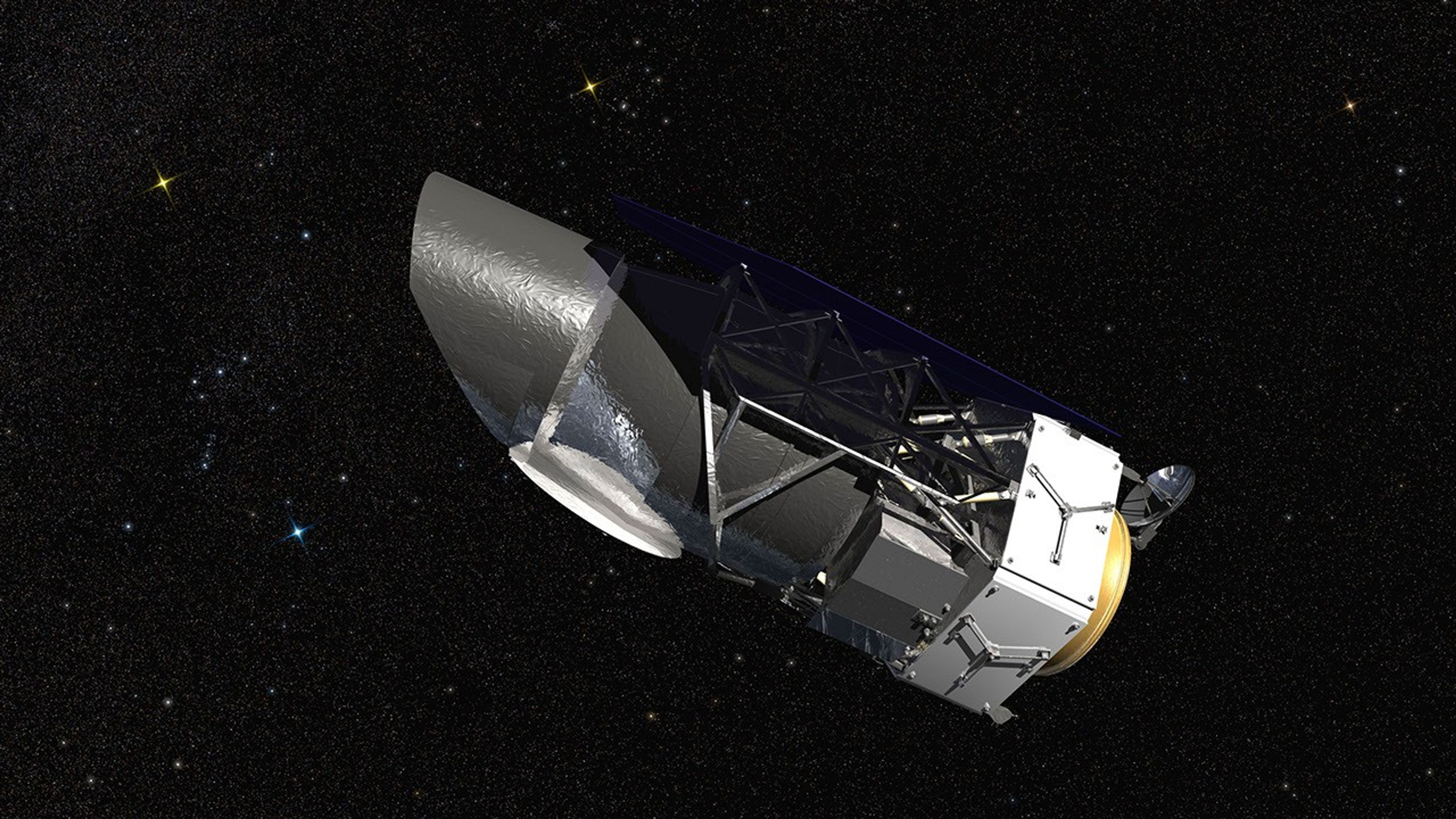 WFIRST, the Wide Field Infrared Survey Telescope, is shown here in an artist's rendering. It will carry a Wide Field Instrument to provide astronomers with Hubble-quality images covering large swaths of the sky.