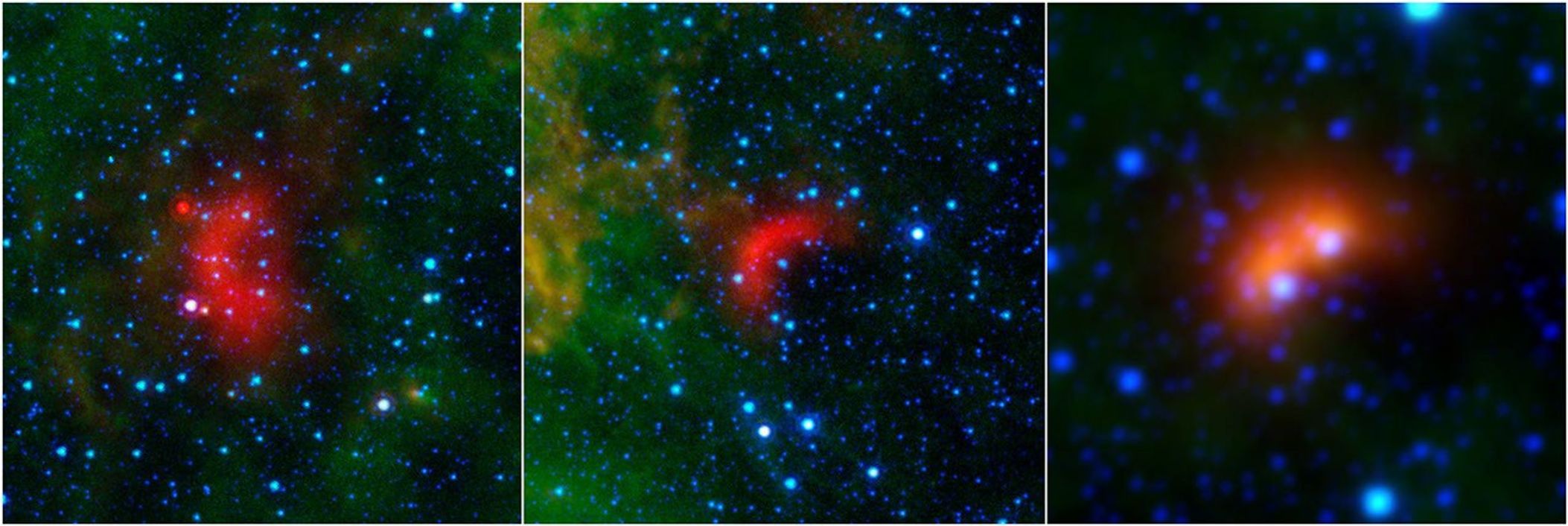 Bow shocks thought to mark the paths of massive, speeding stars are highlighted in these images from NASA's Spitzer Space Telescope and Wide-field Infrared Survey Explorer, or WISE.