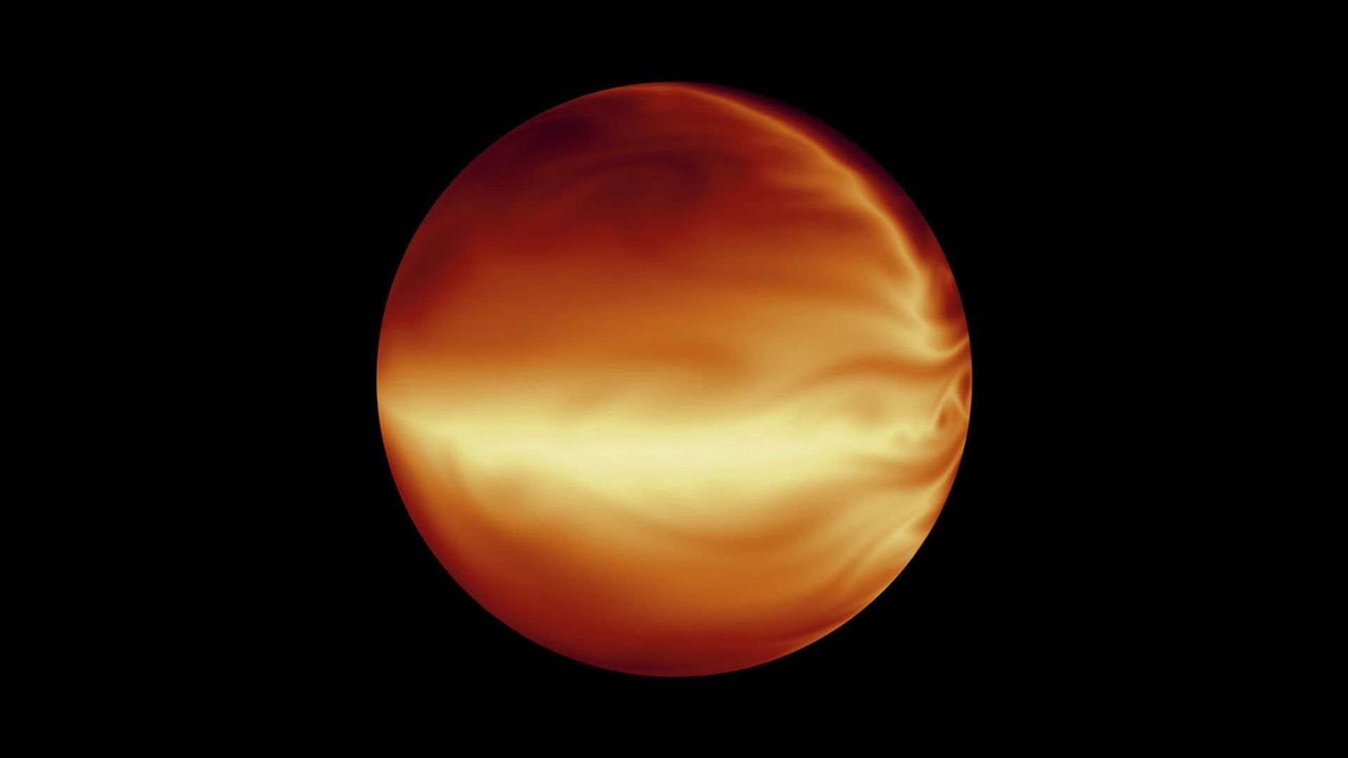 The turbulent atmosphere of a hot, gaseous planet known as HD 80606b is shown in this simulation based on data from NASA's Spitzer Space Telescope.