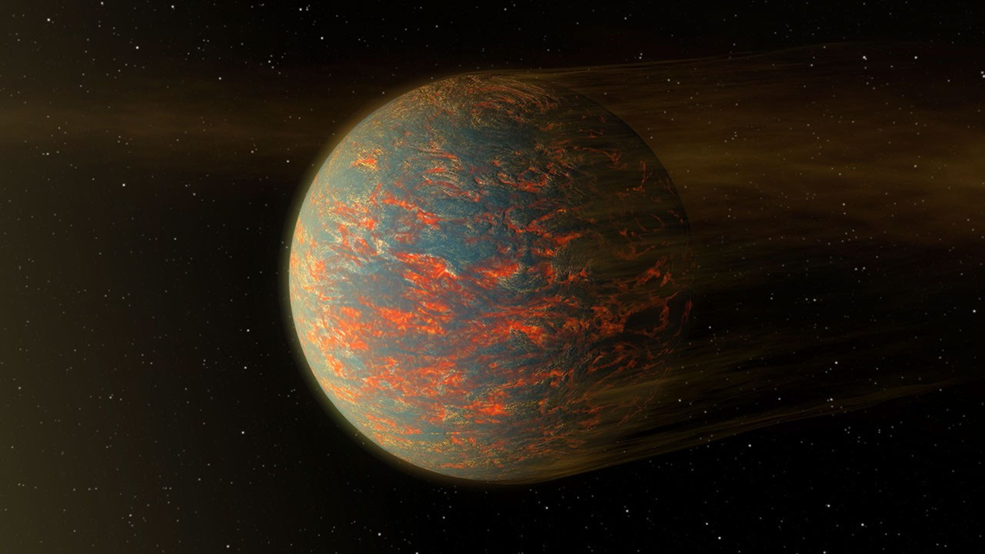 This illustration shows one possible scenario for the hot, rocky exoplanet called 55 Cancri e, which is nearly two times as wide as Earth. New data from NASA's Spitzer Space Telescope show that the planet has extreme temperature swings.