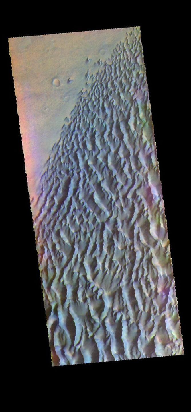The THEMIS VIS camera contains 5 filters. The data from different filters can be combined in multiple ways to create a false color image. This image from NASA's 2001 Mars Odyssey spacecraft shows part of the dune field on the floor of Proctor Crater.