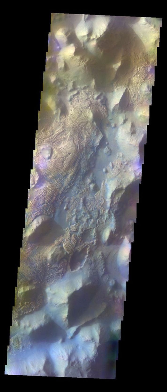 The THEMIS VIS camera contains 5 filters. The data from different filters can be combined in multiple ways to create a false color image. This image from NASA's 2001 Mars Odyssey spacecraft shows part of Iani Chaos.