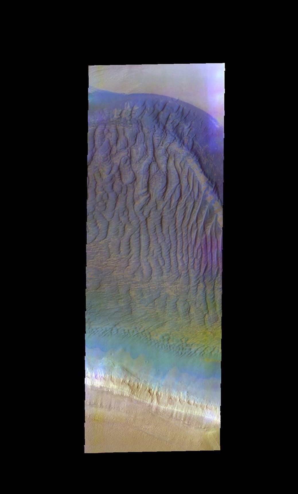 The THEMIS VIS camera contains 5 filters. Data from different filters can be used in many ways to create a false color image. This image from NASA's 2001 Mars Odyssey spacecraft shows a large sand sheet and dune forms at the margin of the south polar cap.