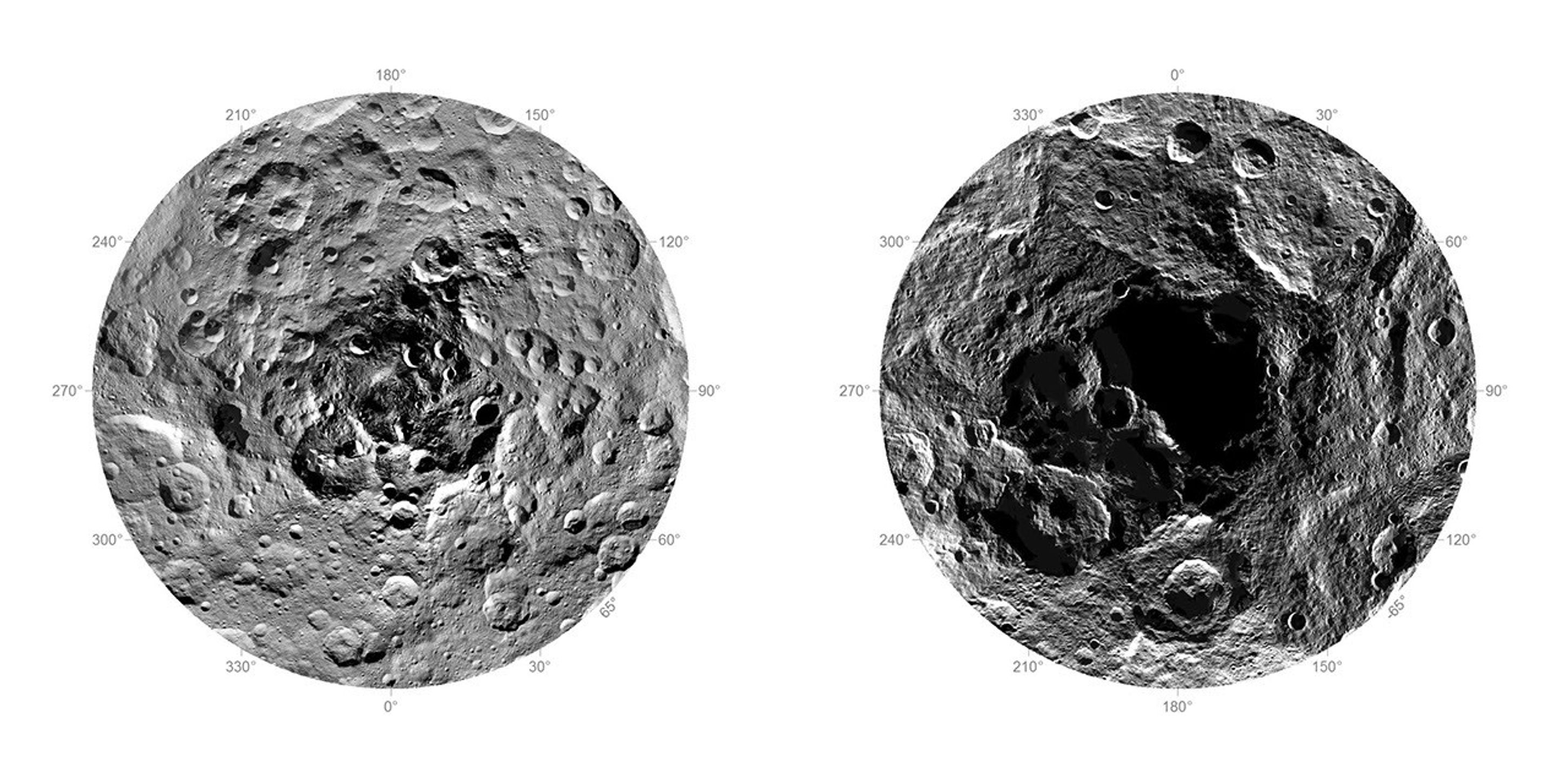 Researchers from NASA's Dawn mission have composed the first comprehensive views of the north (left) and south pole regions (right) of dwarf planet Ceres, using images obtained by the Dawn spacecraft.