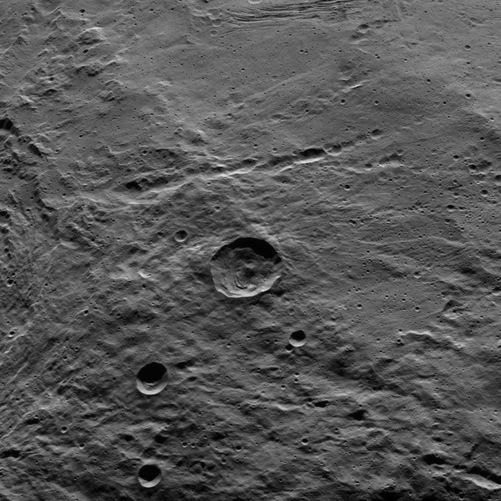 Part of the southern hemisphere on dwarf planet Ceres is seen in this image taken by NASA's Dawn spacecraft. This left side of the image shows the eastern rim of Urvara crater.