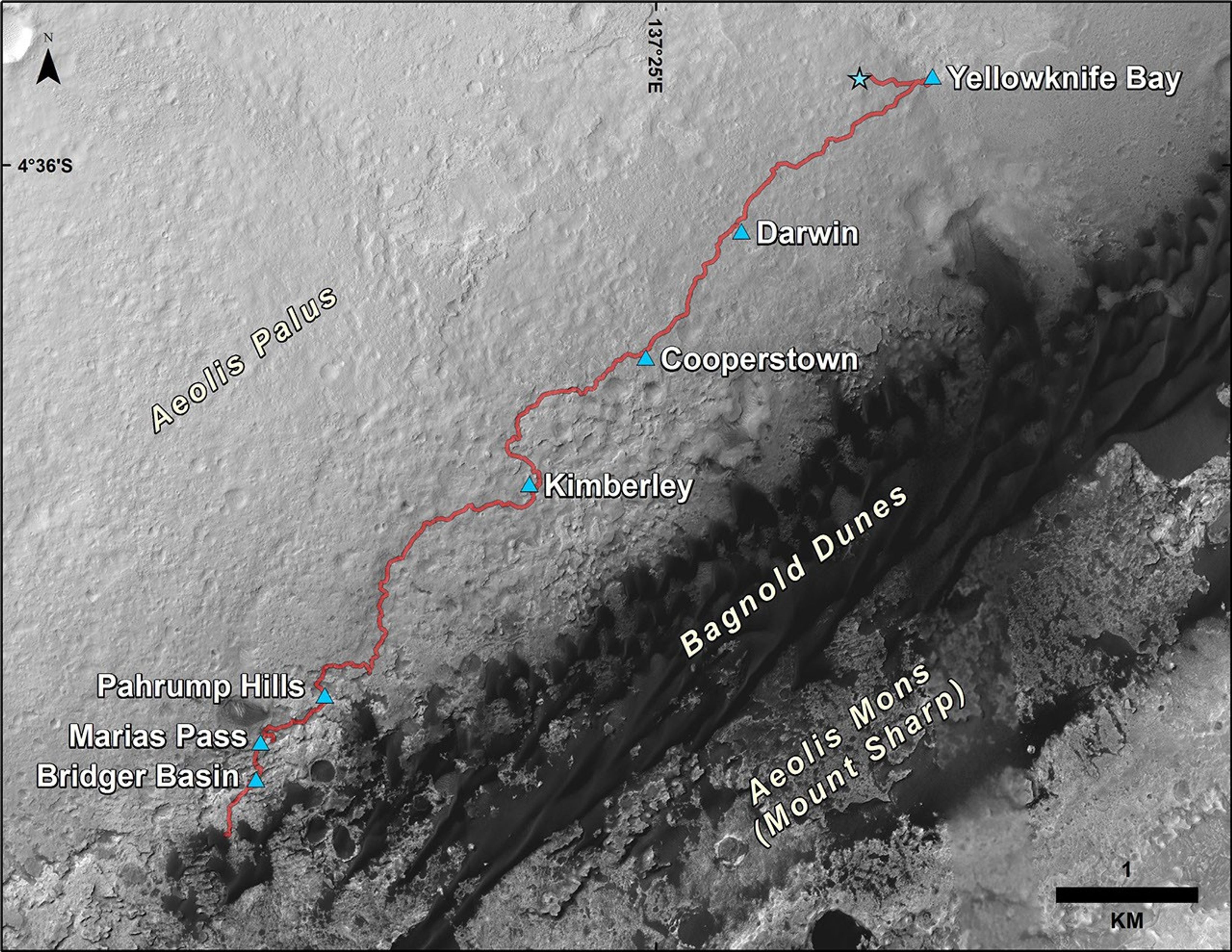 This map shows the route driven by NASA's Curiosity Mars rover from the location where it landed in August 2012 to its location in December 2015.