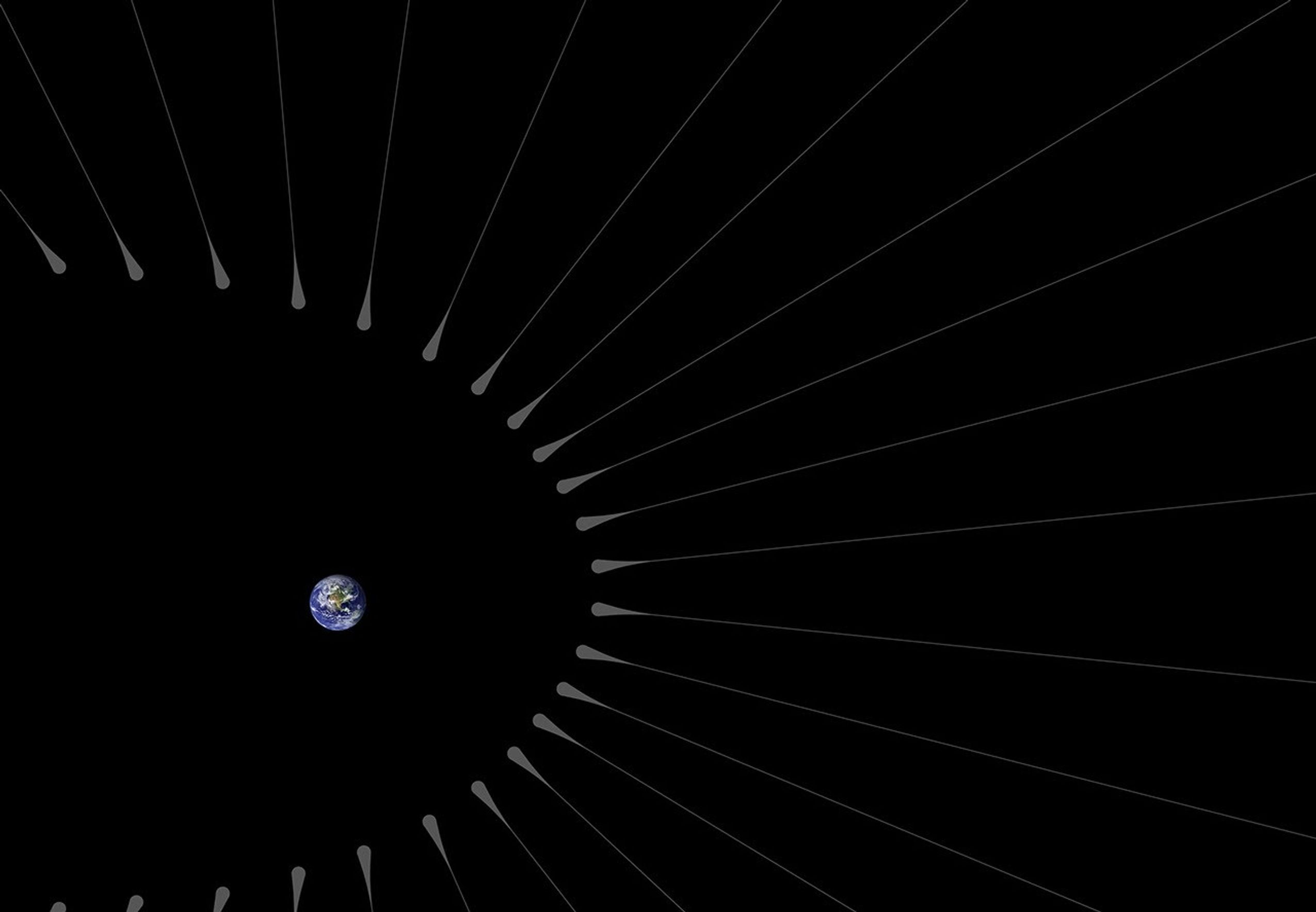 Close-up of dense filaments of dark matter particles, called 'hairs,' are sprouting from Earth, according to a new study based on computer simulations.
