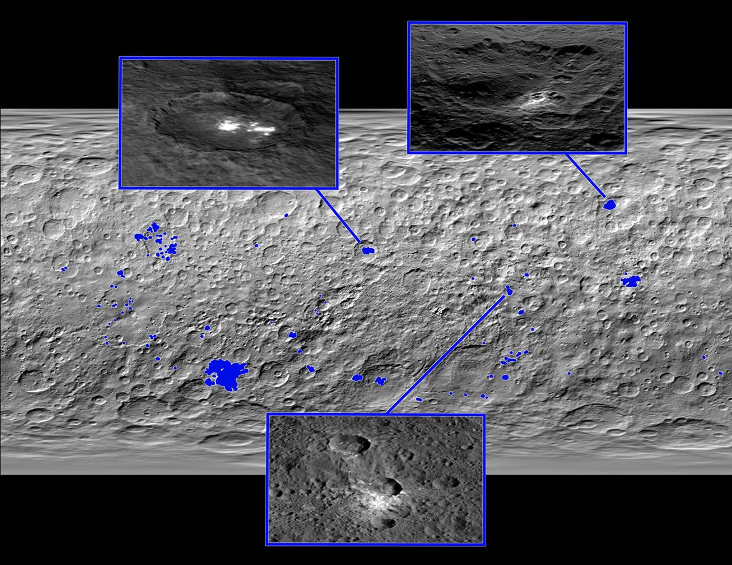 This map of Ceres, made from images taken by NASA's Dawn spacecraft, shows the locations of about 130 bright areas across the dwarf planet's surface, highlighted in blue. Most of these bright areas are associated with craters.