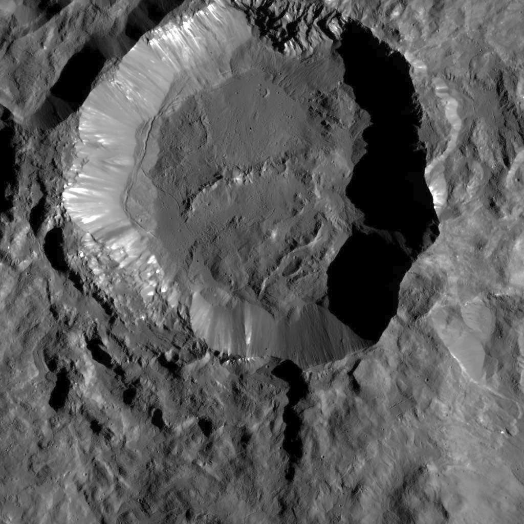 Kupalo Crater, taken Dec. 21, 2016 by NASA's Dawn spacecraft, shows one of the youngest craters on Ceres. The crater has bright material exposed on its rim and walls, which could be salts. Its flat floor likely formed from impact melt and debris.