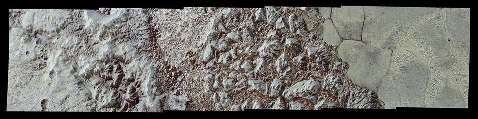 This image from NASA's New Horizons forms a strip trending from the edge of 'badlands' northwest of Sputnik Planum, across the al-Idrisi mountains, onto the shoreline of Pluto's 'heart' feature, and just into its icy plains.