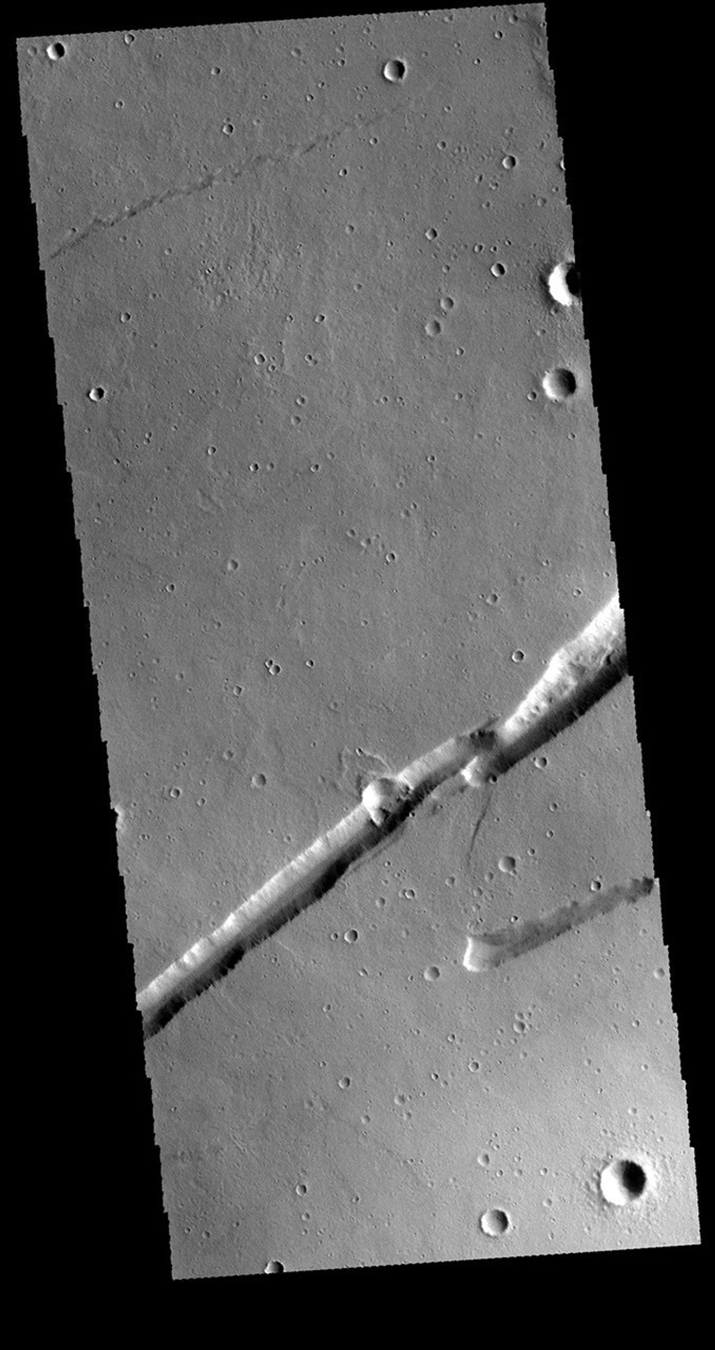 This image captured by NASA's 2001 Mars Odyssey spacecraft shows one of the many graben that make up Labeatis Fossae.