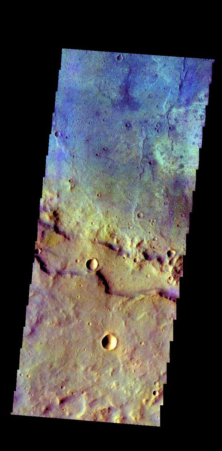 The THEMIS camera contains 5 filters. The data from different filters can be combined in multiple ways to create a false color image. This image captured by NASA's 2001 Mars Odyssey spacecraft shows part of an unnamed crater in Terra Sirenum.