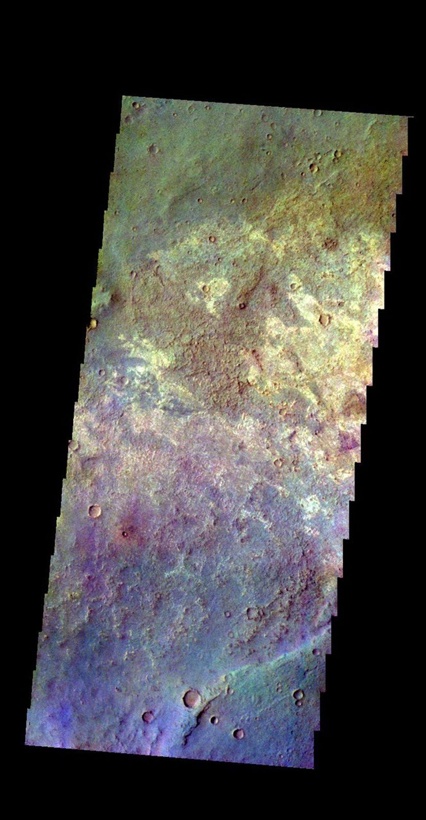 The THEMIS camera contains 5 filters. The data from different filters can be combined in multiple ways to create a false color image. This image from NASA's 2001 Mars Odyssey spacecraft shows a variety of surface materials in the plains of Sabaea Terra.