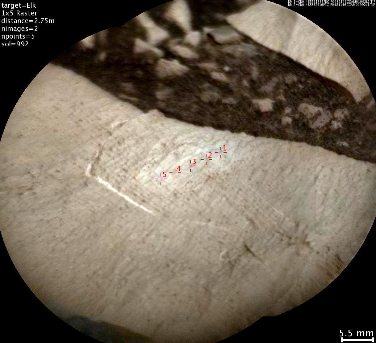 This image from the Chemistry and Camera (ChemCam) instrument on NASA's Curiosity Mars rover shows detailed texture of a rock target called 'Elk' on Mars' Mount Sharp.