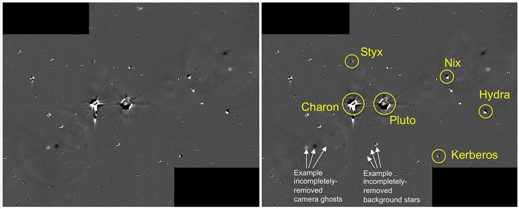 This illustration shows some of the final images used to determine that the coast was clear for NASA's New Horizons' flight through the Pluto system.