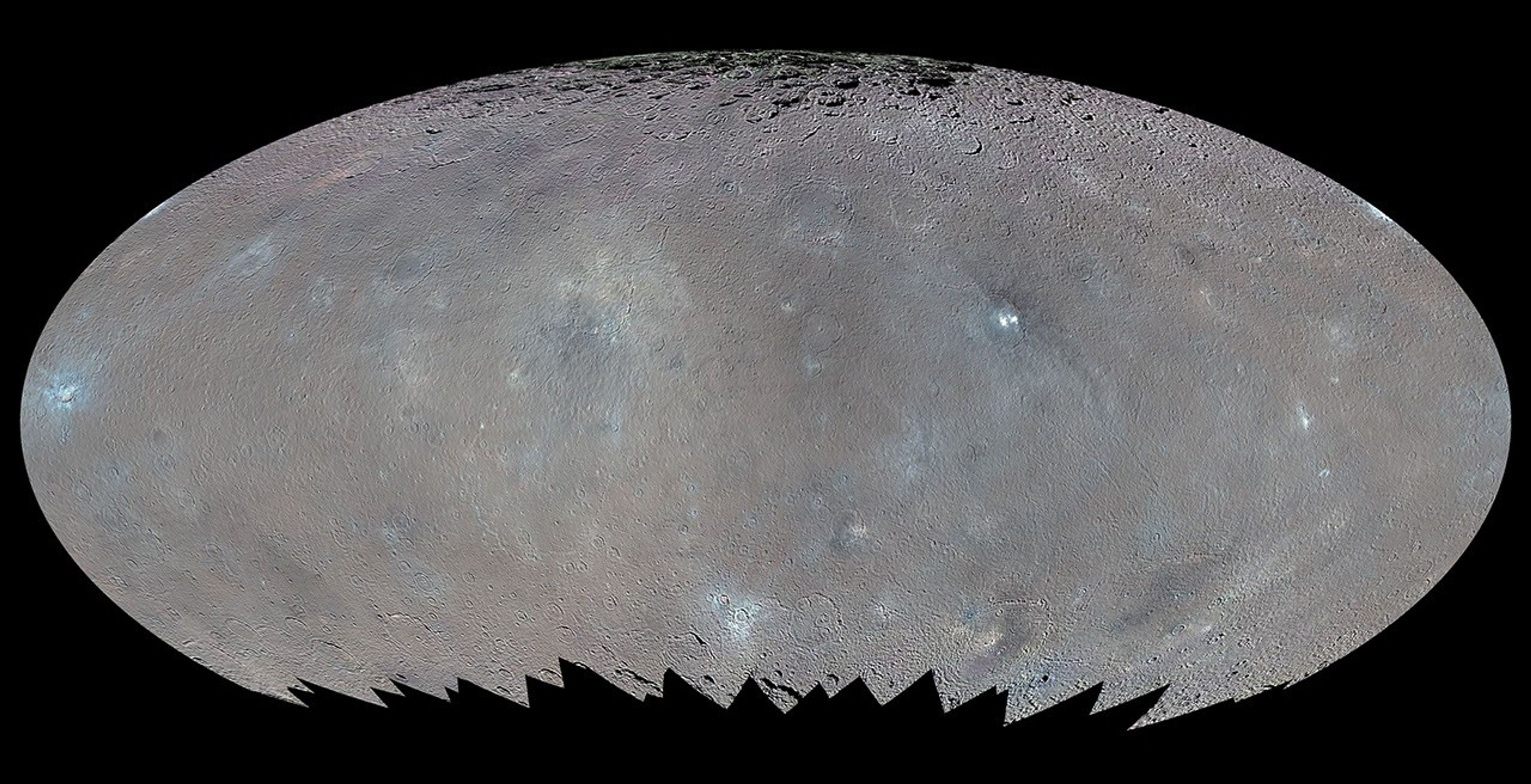 This global map elliptical map from NASA's Dawn spacecraft shows the surface of Ceres in enhanced color, encompassing infrared wavelengths beyond human visual range. Some areas near the poles are black where Dawn's color imaging coverage is incomplete.
