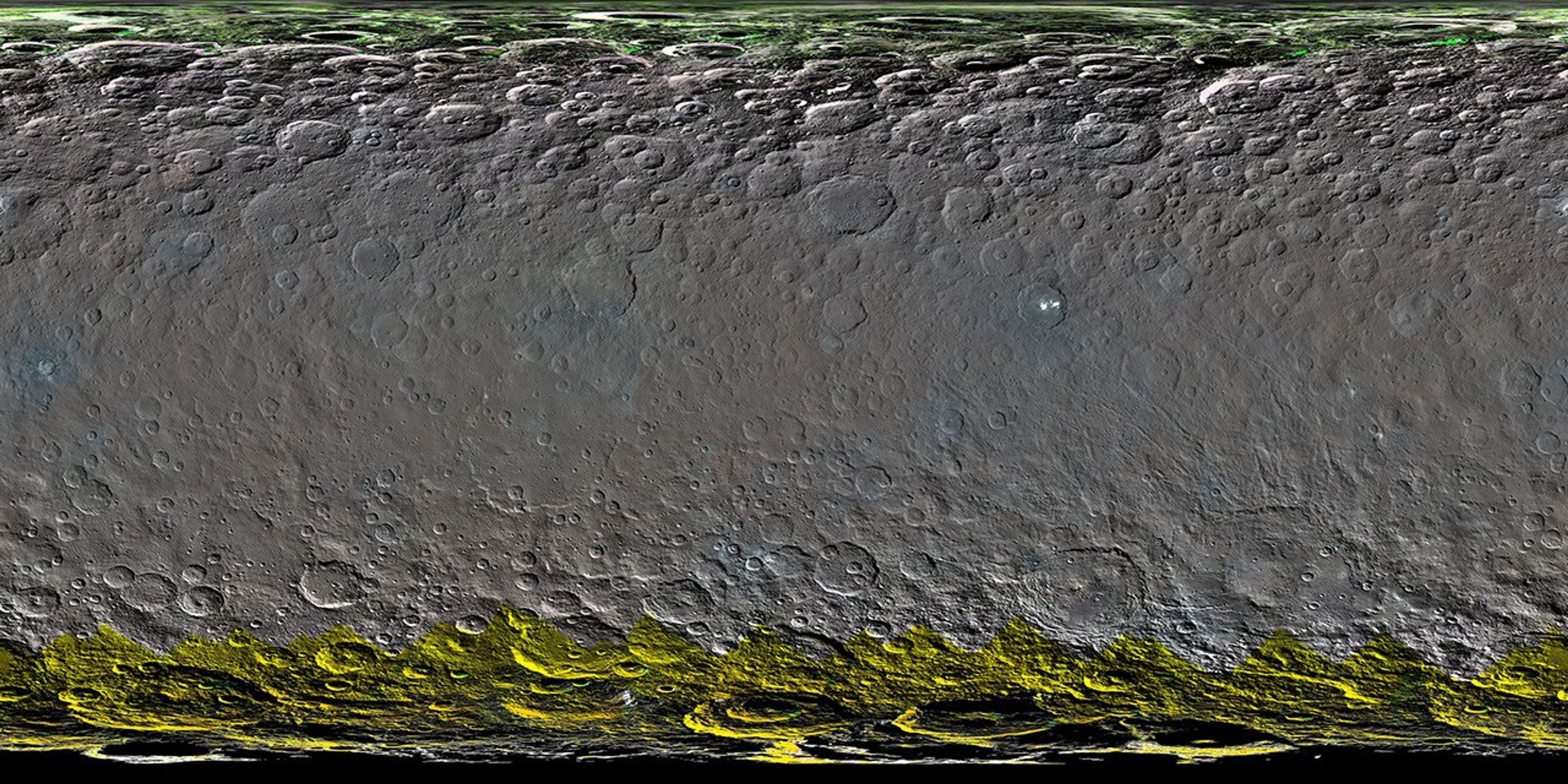 The map is a Mercator projection and has a resolution of 460 feet (140 meters) per pixel. The images used to make this map were taken from Dawn's high-altitude mapping orbit (HAMO), at a distance of 915 miles (1,470 kilometers) from Ceres.