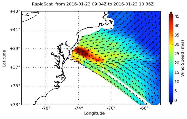 NASA's ISS-RapidScat instrument on the International Space Station provided a look at the strong winds that led to coastal flooding in southern New Jersey during the historic winter storm that blanketed much of the U.S. East Coast, starting Jan. 23, 2016.