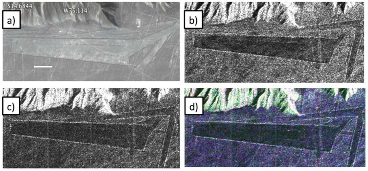 Different visualizations of an area with geometric geoglyphs at the Nasca World Heritage Site in Peru as seen by NASA's Uninhabited Aerial Vehicle Synthetic Aperture Radar (UAVSAR).