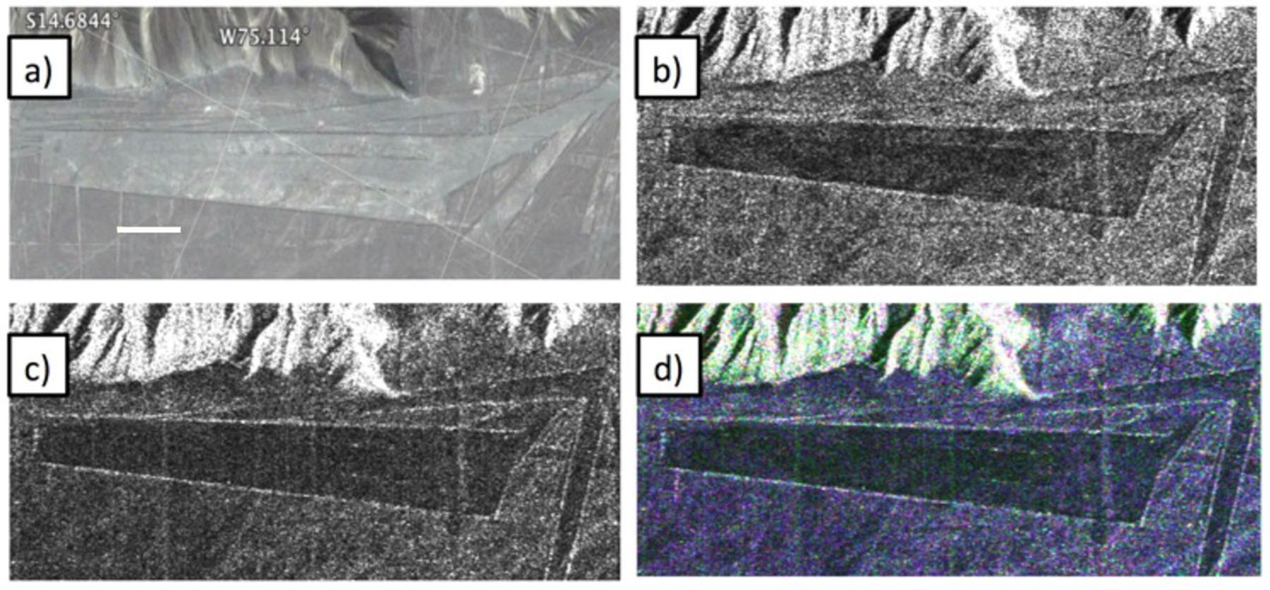 Different visualizations of an area with geometric geoglyphs at the Nasca World Heritage Site in Peru as seen by NASA's Uninhabited Aerial Vehicle Synthetic Aperture Radar (UAVSAR).
