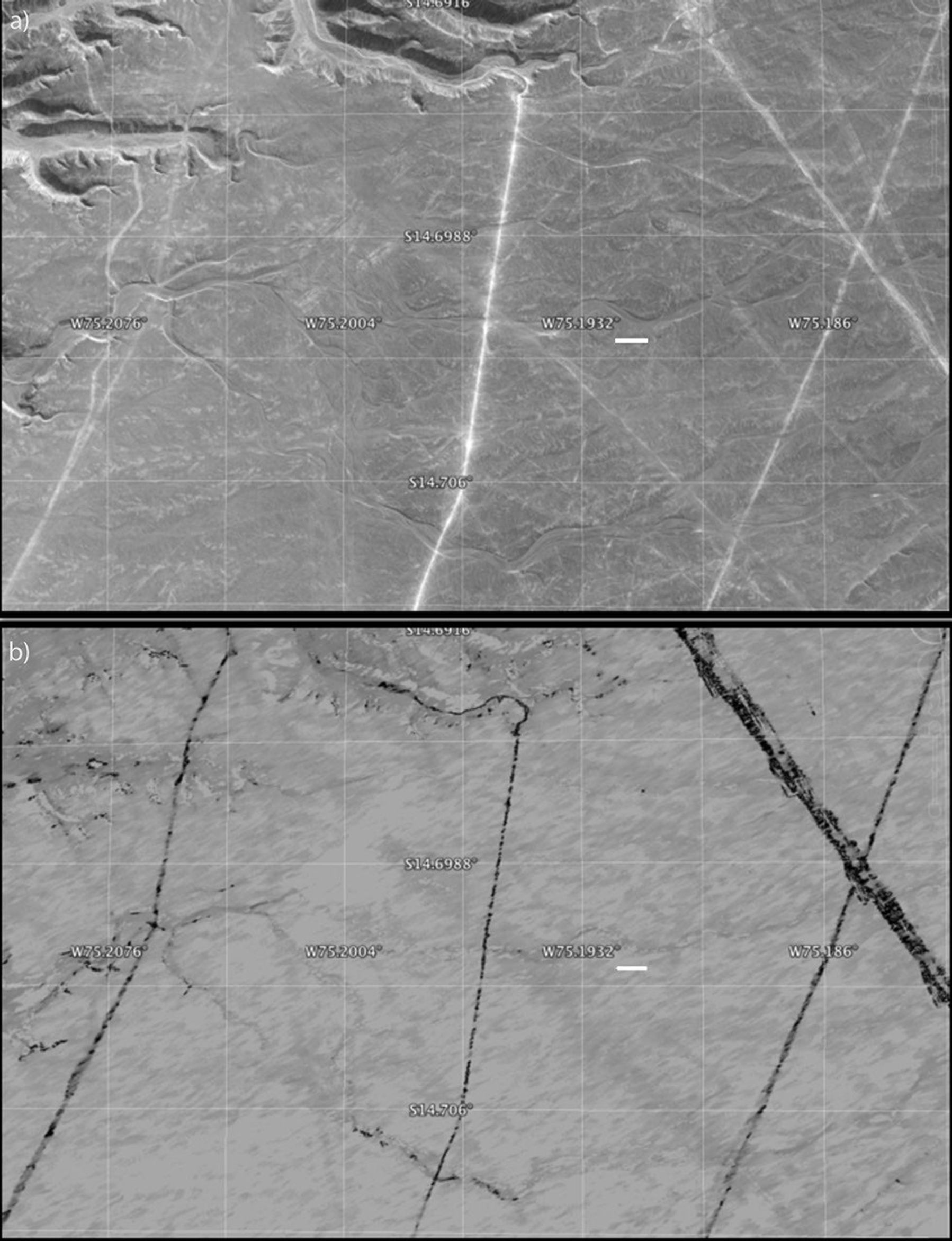 A protected area within the Nasca World Heritage Site in Peru that has experienced apparent disturbance between two different observations by NASA's Uninhabited Aerial Vehicle Synthetic Aperture Radar (UAVSAR).