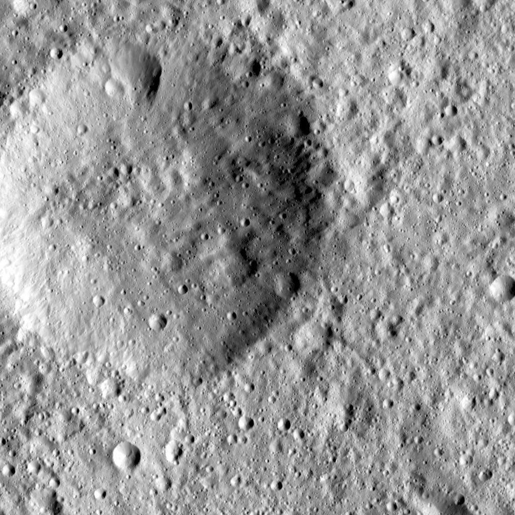 This image, taken by NASA's Dawn spacecraft, shows cratered terrain in the northern hemisphere of Ceres. The large crater in the scene appears quite ancient.