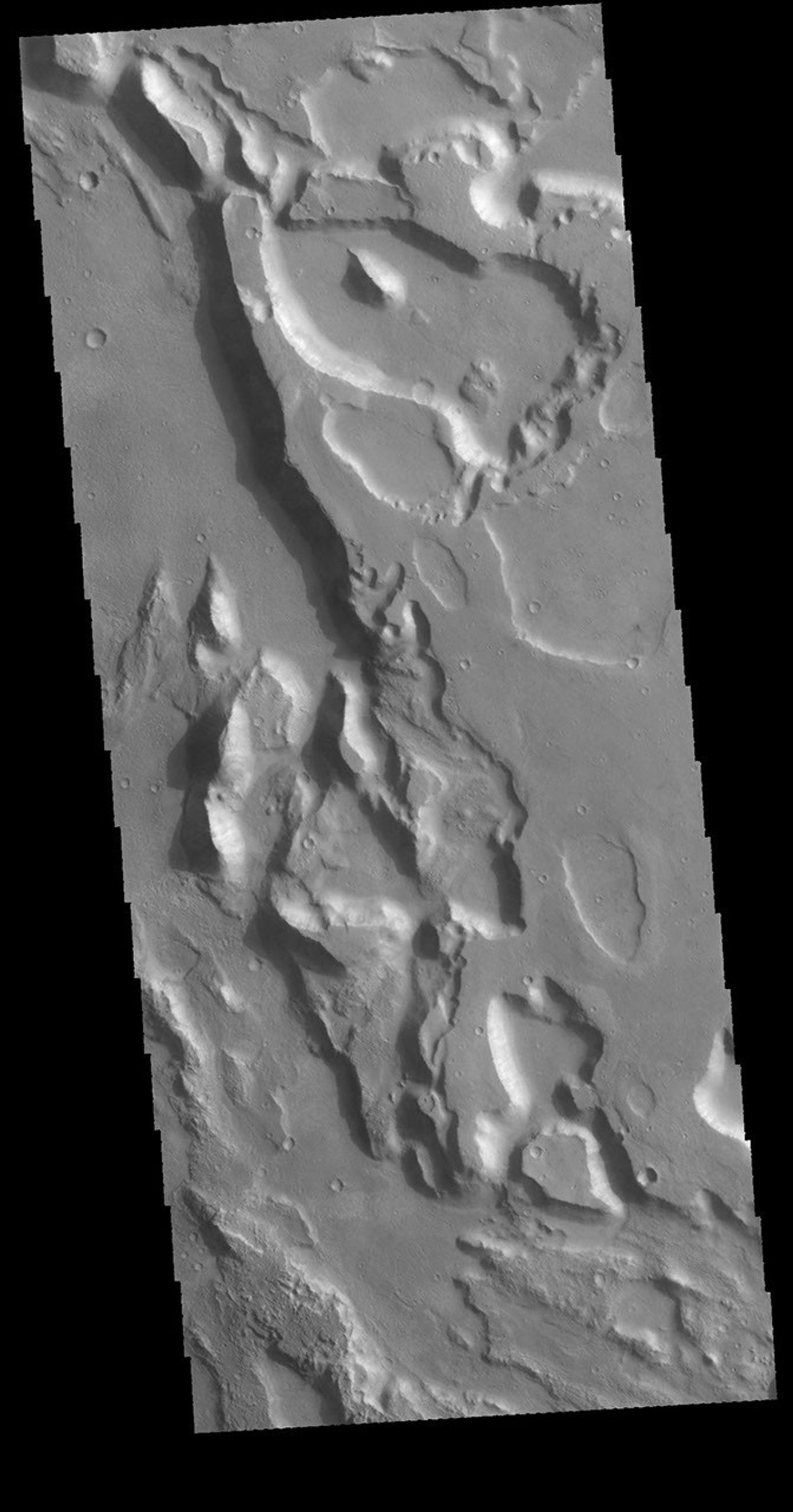This image from NASA's 2001 Mars Odyssey spacecraft shows a small portion of Ares Vallis. With the different elevations within the broad channel, it is thought that multiple periods of flow successively eroded lower and lower into the surface.