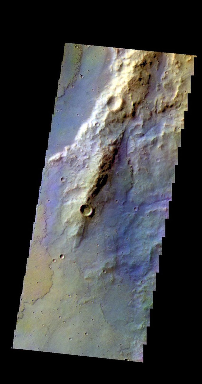 The THEMIS camera contains 5 filters. The data from different filters can be combined in multiple ways to create a false color image. This image from NASA's 2001 Mars Odyssey spacecraft shows part of Terra Sirenum.