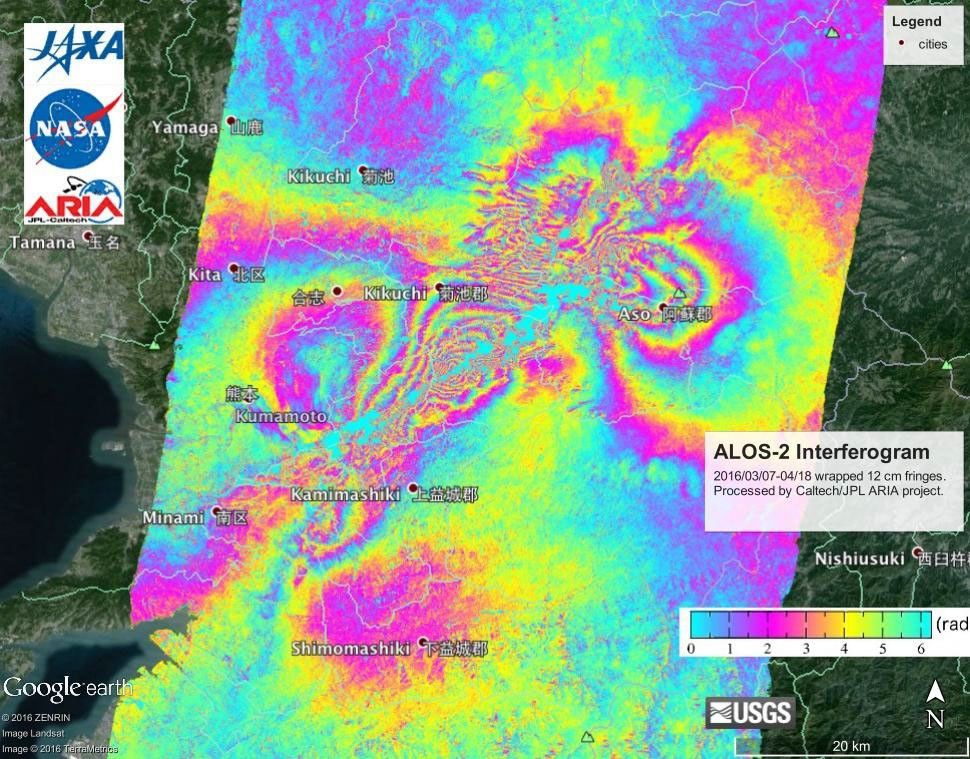 This false-color map shows the amount of permanent surface movement caused almost entirely by the earthquakes, during a 42-day interval between two ALOS-2 images acquired on March 7 and April 18, 2016.