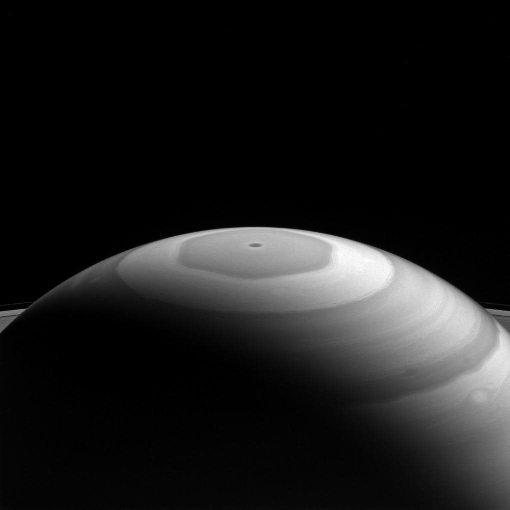 NASA's Cassini spacecraft captured Saturn's north polar region displaying its beautiful bands and swirls. Where they meet and flow past each other, the bands' interactions produce many eddies and swirls.
