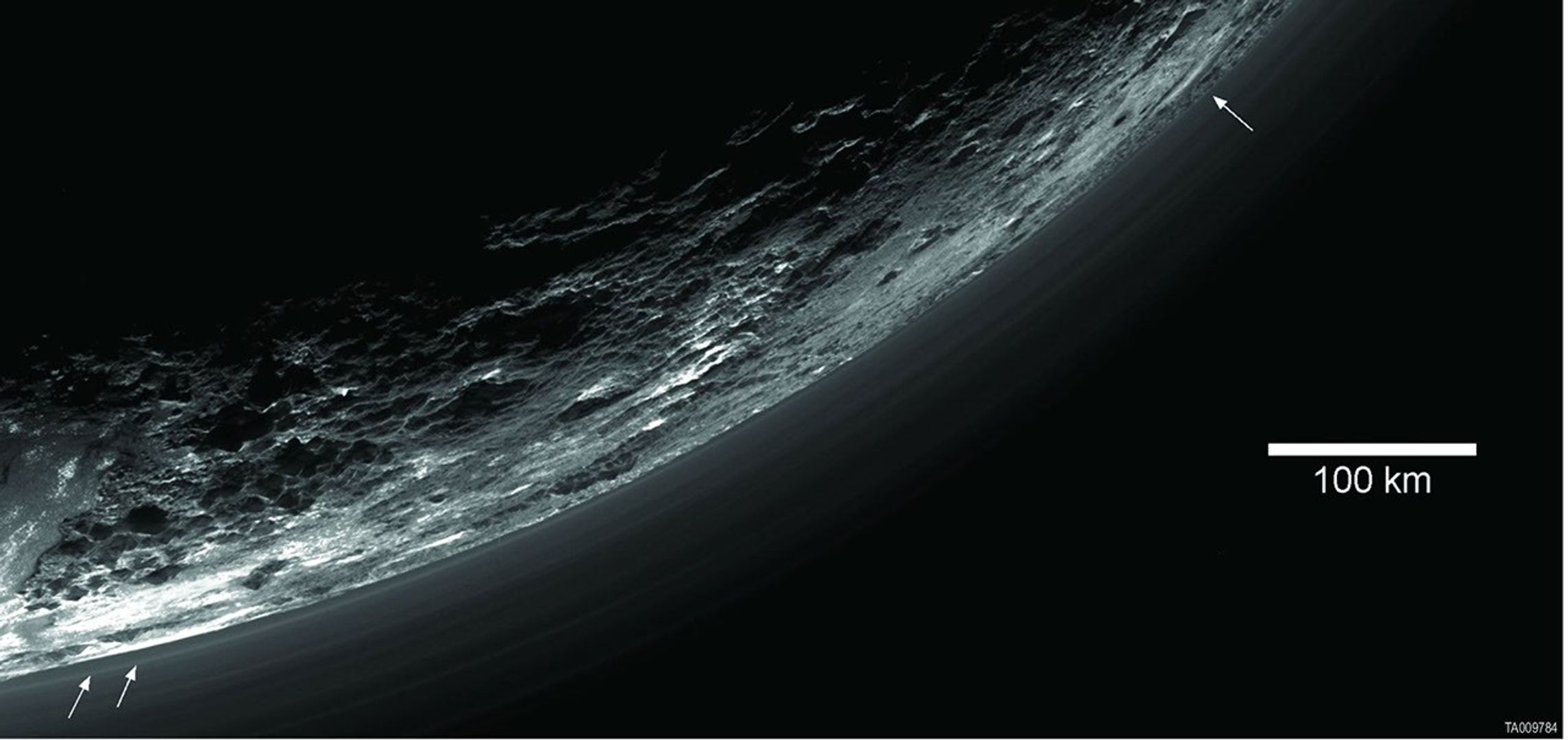 This image of haze layers above Pluto's limb was taken by NASA's New Horizons spacecraft. About 20 haze layers are seen.