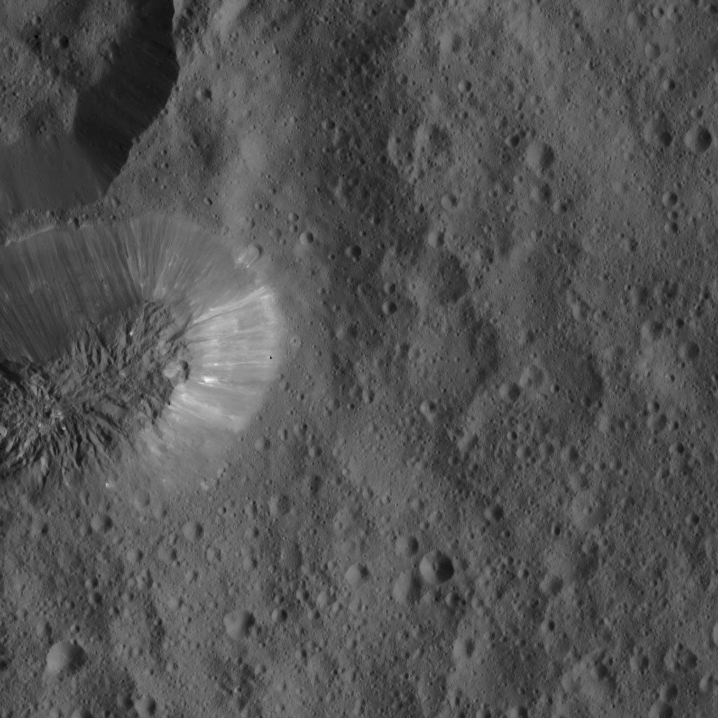 Ceres' densely cratered landscape is revealed in this image taken by the framing camera aboard NASA's Dawn spacecraft. The craters show various degrees of degradation. The youngest craters have sharp rims.