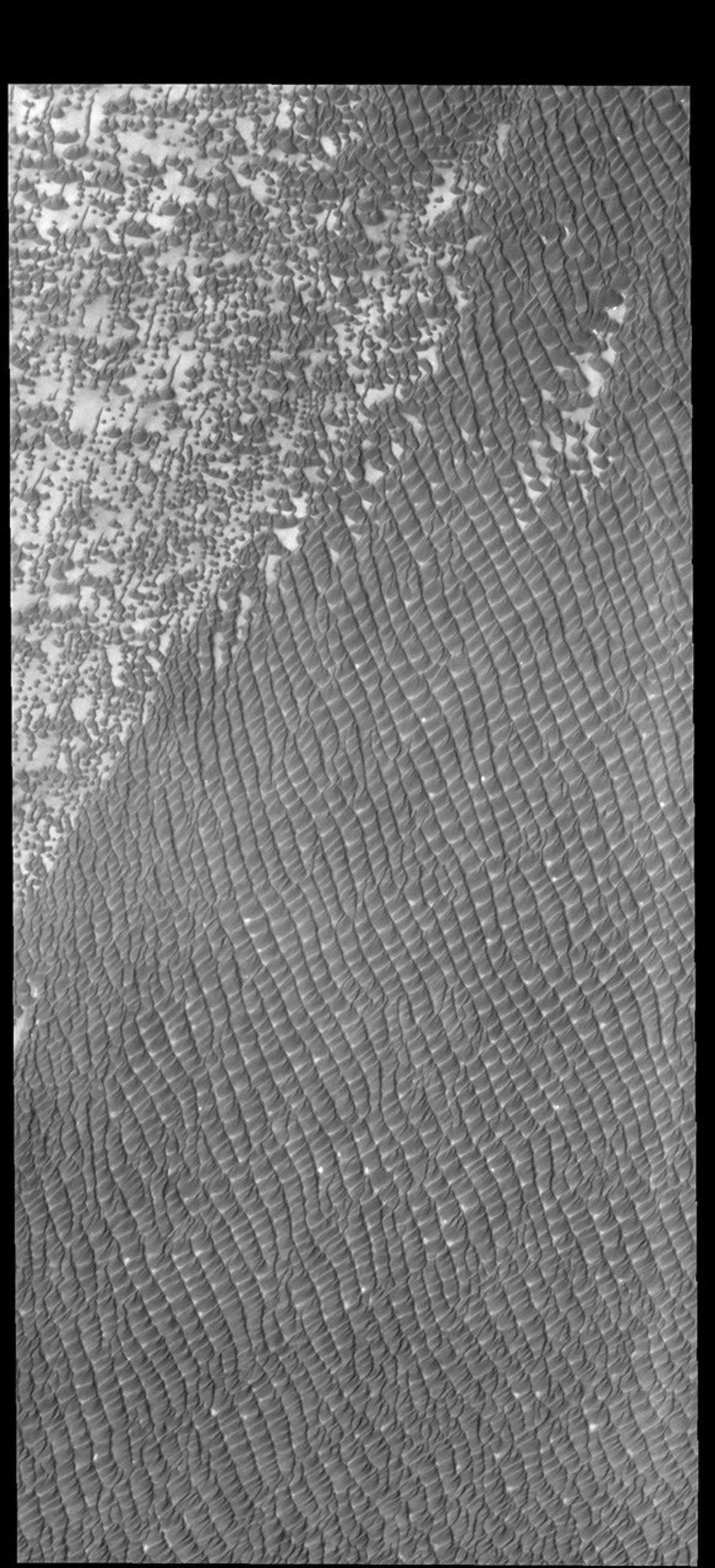 This image captured by NASA's 2001 Mars Odyssey spacecraft shows part of Hyperboreae Undae, which is located between Escorial Crater and the margin of Chasma Boreale.