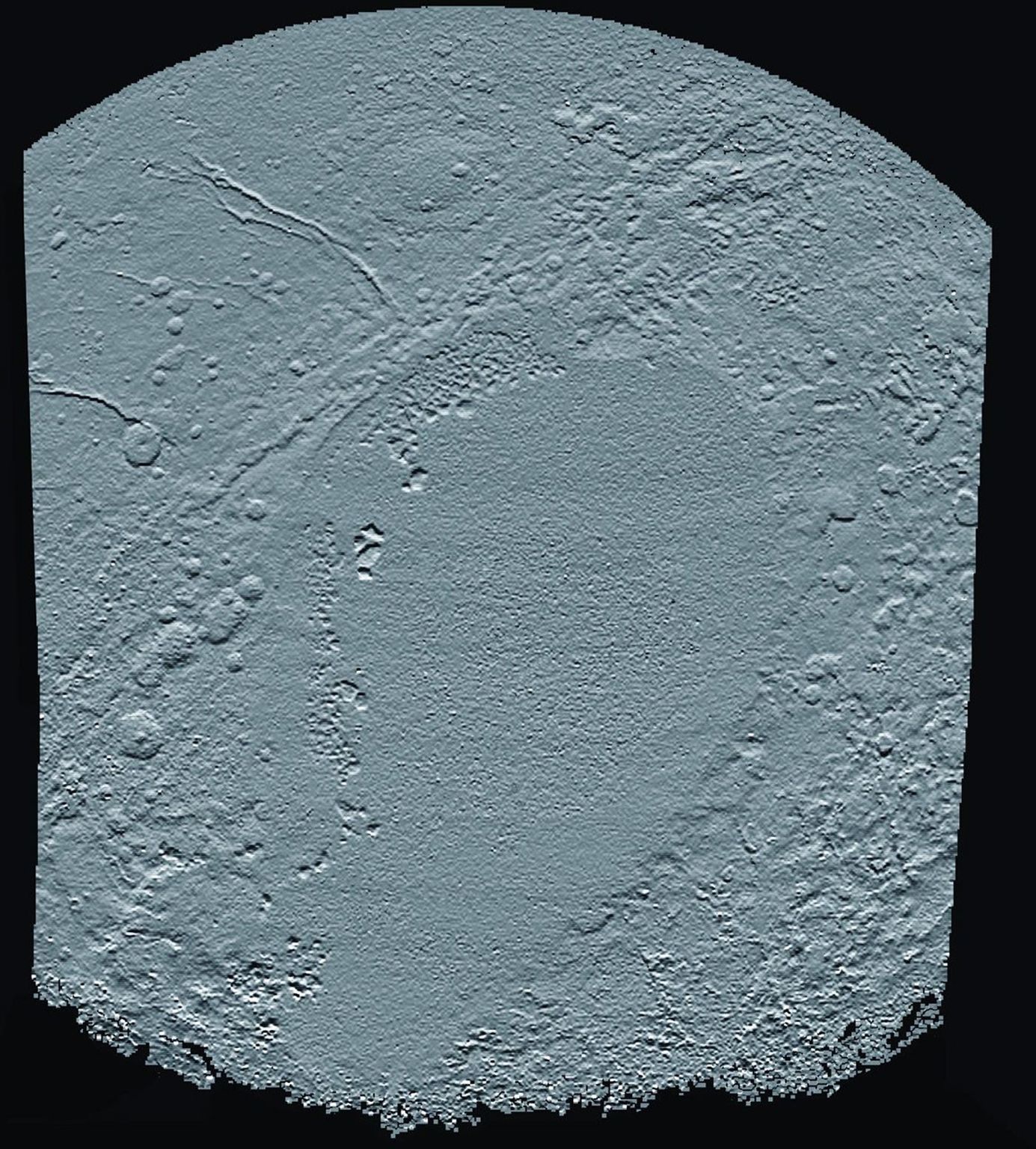 This shaded relief view from NASA's New Horizons of the region surrounding the left side of Pluto's heart-shaped feature, informally named Sputnik Planum, shows that the vast expanse of its icy surface.