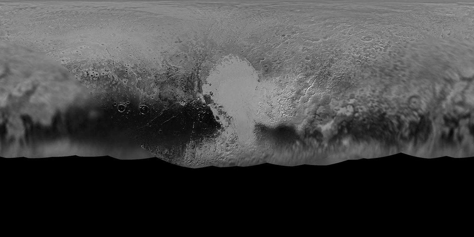 NASA's New Horizons mission science team has produced this updated panchromatic (black-and-white) global map of Pluto. The map includes all resolved images of Pluto's surface acquired between July 7-14, 2015.