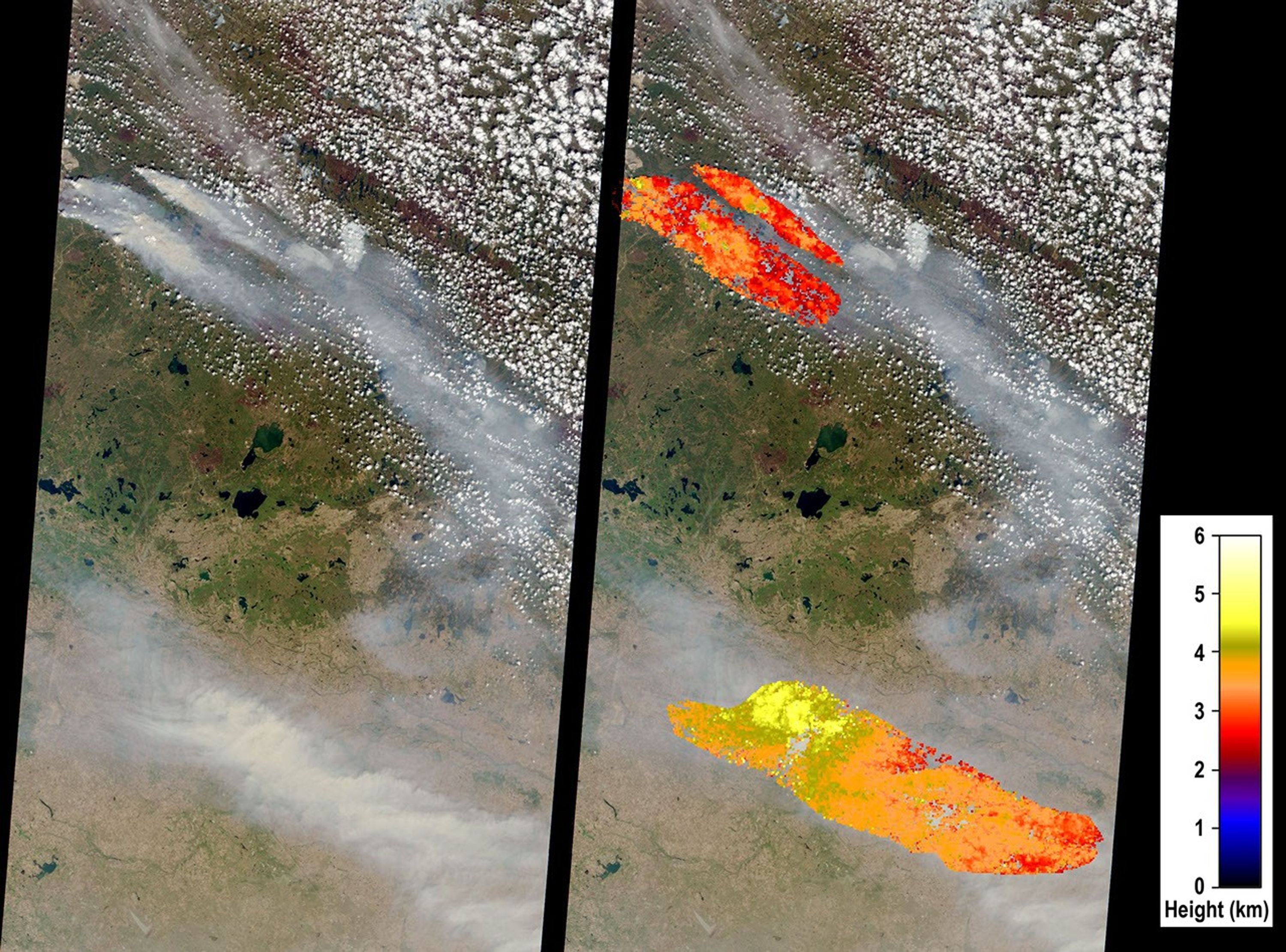 On May 6, 2016, NASA's Terra spacecraft captured this image of devastating wildfires in Alberta Province, Canada, near the city of Fort McMurray which began on May 1, 2016.